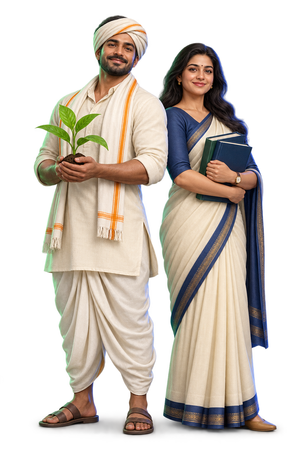 A farmer holding a young plant beside a teacher holding books